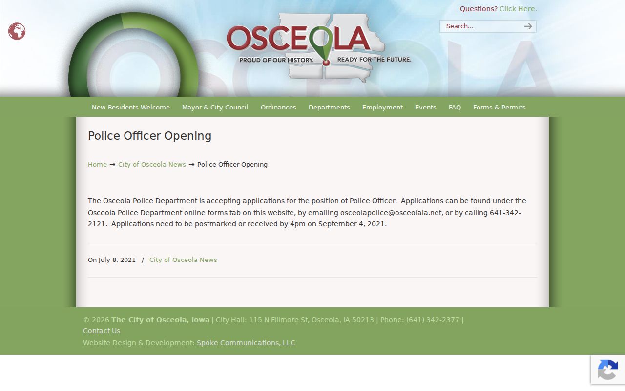 Osceola criminal history contact page for the Osceola Police Department